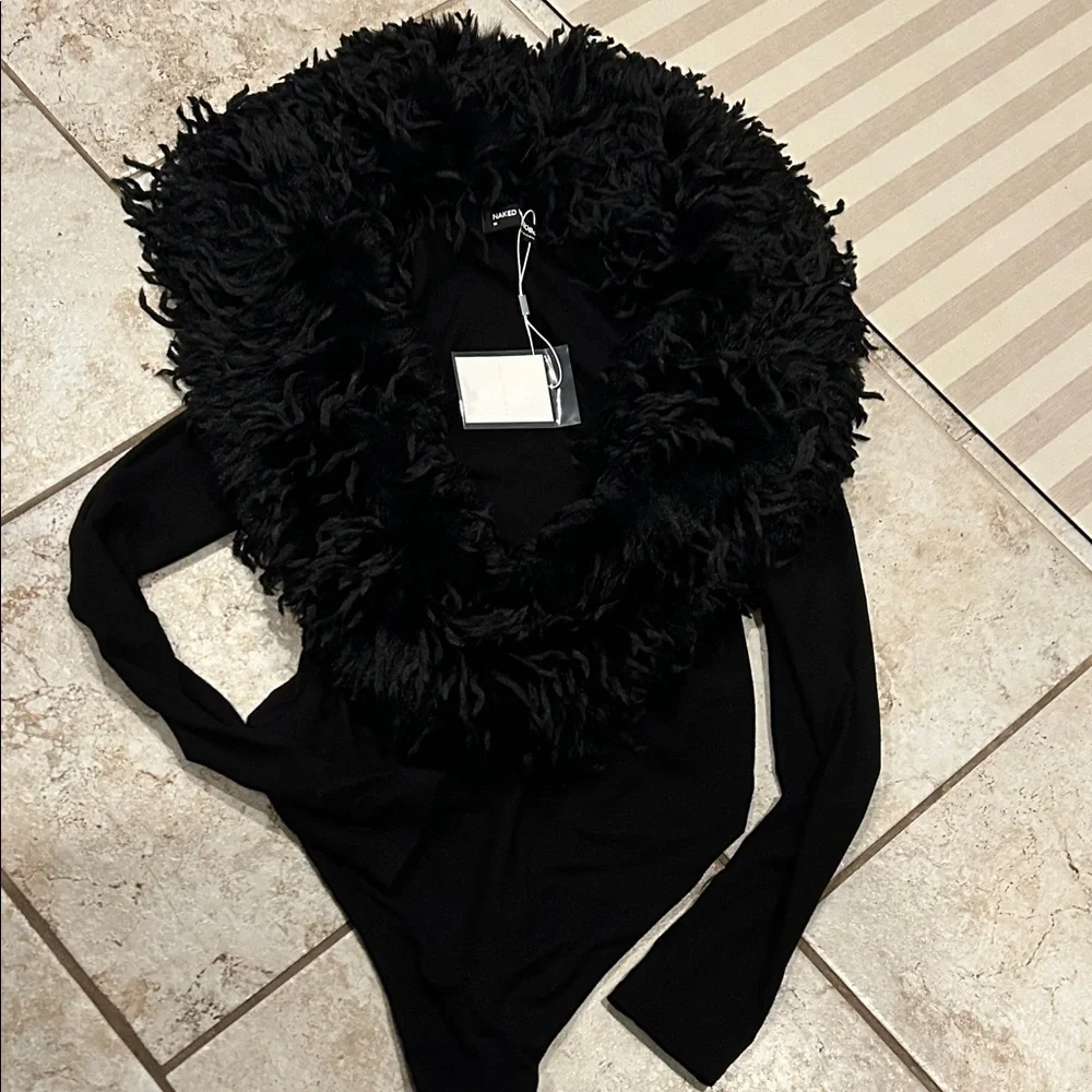 Naked Wardrobe Black Bodysuit with Faux Fur Collar - Picture 5 of 8
